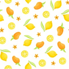 Seamless vector pattern with lemons, kiwi, greens, mango, blueberry, mint, daronia fruit, flowers and geometric stripes.