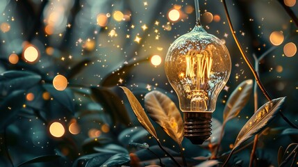 An incandescent light bulb with a visible filament radiating a warm glow sits among dark green leaves with a bokeh effect of golden orbs and glimmering star-like flashes in the background, suggesting  - obrazy, fototapety, plakaty