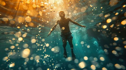 A person is submerged underwater, illuminated by a warm light that appears to be sunlight filtering through the water. The person is oriented vertically and seems to be floating or swimming, with arms - obrazy, fototapety, plakaty