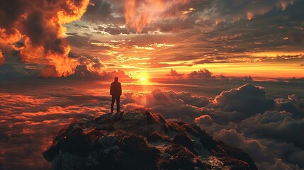 A silhouette of a person stands atop a rugged outcrop overlooking a dramatic cloudscape. The sky is filled with clouds that glow with the warm hues of the setting or rising sun at the horizon. Sunligh - obrazy, fototapety, plakaty