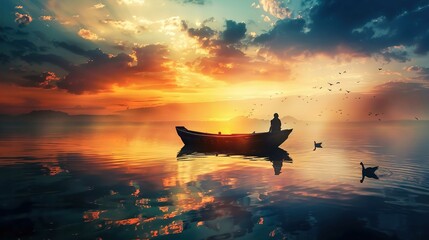 A serene scene depicting a lone individual standing in a small boat, which is gently floating on a mirrored water surface. The sky is ablaze with the warm hues of a sunset, ranging from deep orange to