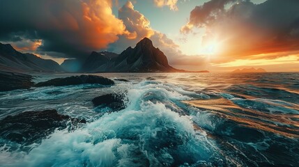 The image captures a dramatic coastal scene at sunset. The foreground shows turbulent ocean waves crashing against dark rocky outcrops. The dynamic water movement conveys a sense of raw natural power. - obrazy, fototapety, plakaty