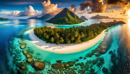 Top view, A tranquil island paradise fringed by white sandy beaches and coral reefs, surrounded by the shimmering azure waters of the tropical ocean. - obrazy, fototapety, plakaty
