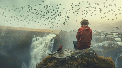 A person in a red jacket is seated on a rocky outcrop overlooking a vast waterfall. The individual is viewed from behind, gazing out at the scene. A small red bird is perched on the rock near the pers - obrazy, fototapety, plakaty