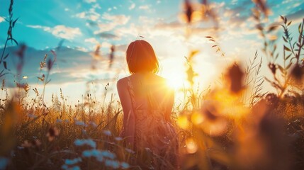 A person is standing in a field of tall grass and wildflowers, facing away from the camera toward the sun, which is low on the horizon creating a warm backlighting effect. The sunlight flares around t - obrazy, fototapety, plakaty