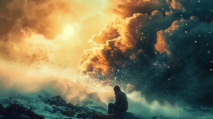 A solitary figure sits on a rocky outcrop overlooking a dramatic landscape. The scene is shrouded with billowing clouds that glow with a warm, golden light from the sun setting or rising on the horizo - obrazy, fototapety, plakaty