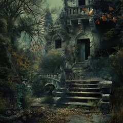 A creepy old house with a stone staircase leading up to it. The house is surrounded by trees and has a bridge in the background. Scene is eerie and mysterious