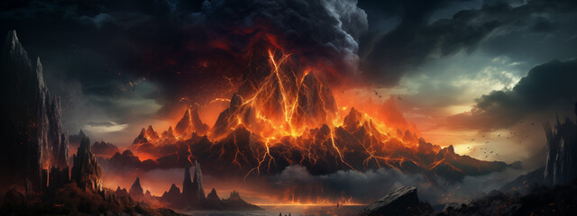Majestic Volcano Eruption with Electric Storm and Birds - obrazy, fototapety, plakaty
