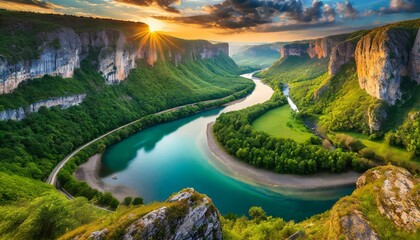 Top view, A tranquil river winding through a picturesque valley, its crystal-clear waters reflecting the lush greenery and rocky cliffs that line its banks.