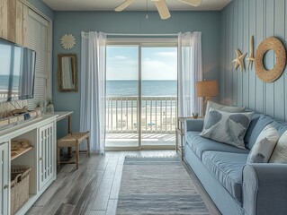 A beach house living room with a large window overlooking the ocean. The room is decorated with a blue couch, a coffee table, and a lamp