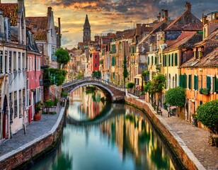 Top view, A network of narrow canals winding through a historic city, lined with colorful buildings and crossed by arched stone bridges. - obrazy, fototapety, plakaty
