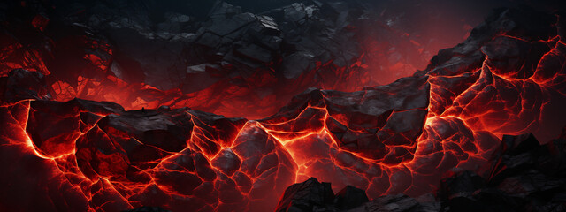 Fiery Lava Cracks in Dark Rocks Scenery for Dynamic Background - obrazy, fototapety, plakaty