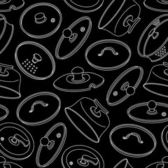 Lids for dishes, seamless vector pattern. Kitchen utensils made of glass, plastic. Transparent caps with handles, holes for steam. Covers for frying pan, pot, tableware. Black and white background