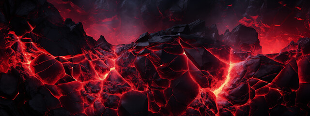 Dramatic Volcanic Lava Flows Through Darkened Rocks - Desktop Background - obrazy, fototapety, plakaty