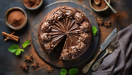 Top view, A decadent chocolate cake adorned with swirls of frosting and sprinkled with cocoa...