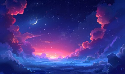 A fabulous blue night sky with clouds, stars and a moon. The magical evening sky. With air clouds. Children's illustration. Magical starry background.