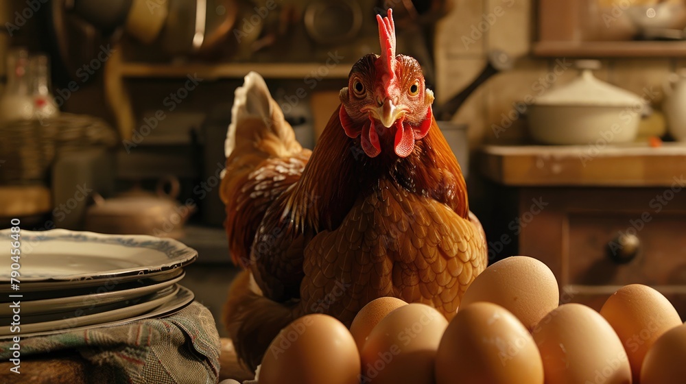 Sticker Eggs of a brown chicken are placed on the table in the kitchen