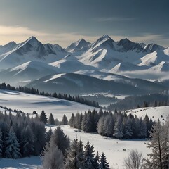 Winter mountain landscape isolated on a transparent background, with options for PNG, cutout, or clipping path.