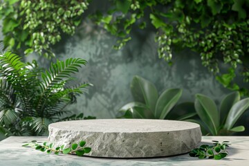 Natural stone and concrete podium in Natural green background for Empty show for packaging product presentation. Background for cosmetic products, the scene with green leaves - generative ai