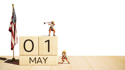 May 1st. Day 1 of month.  Miniature worker wooden block  calendar. labor day's concept. 3d illustration