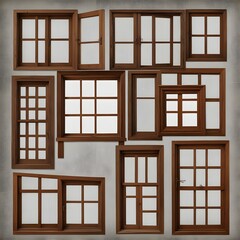 Collection of real vintage wooden house window frame sets, isolated on a transparent background with a PNG cutout or clipping path.