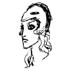 Amazonian queen Penthesilea. Head of a woman warrior in helmet. Athena Pallas. Ancient Greek mythology. Hand drawn linear doodle rough sketch. Black and white silhouette.