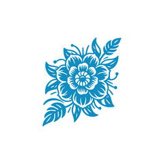 Blue and White Illustration of Flowers with Leaves