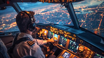 Boeing airplane cockpit featuring a skilled pilot managing the aircraft controls - obrazy, fototapety, plakaty