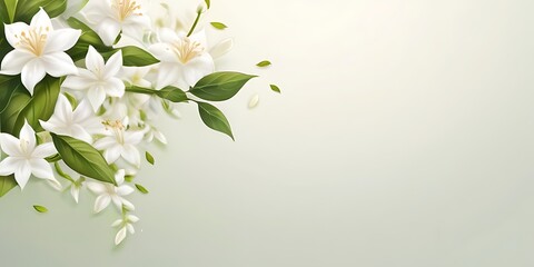 Obraz premium A tranquil scene with white jasmine flowers and lush green leaves against a soft pastel backdrop.