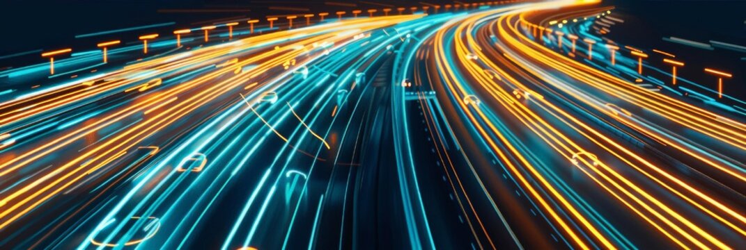 Abstract neon Futuristic Background for Transport and Logistics Business: Abstract images of roads and routes highlighting direction and purpose.