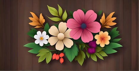 all types of flowers with leaves, wood background