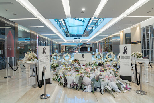 Makeshift memorial inside Westfield at Bondi Junction in the Eastern Suburbs of Sydney, NSW during the morning of 21 April 2024 