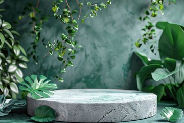 Natural stone and concrete podium in Natural green background for Empty show for packaging product presentation. Background for cosmetic products, the scene with green leaves - generative ai