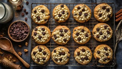 Top view, A tray of freshly baked cookies, with golden-brown edges and gooey centers studded with chocolate chips, cooling on a wire rack.
