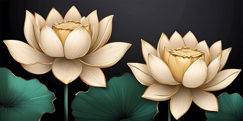 lotus flowers and green leaves with dark background, illustration