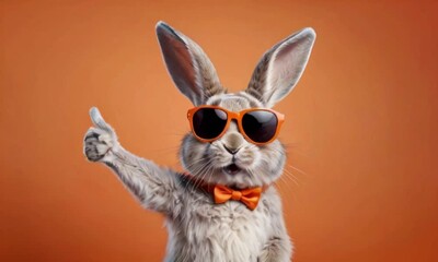 Funny easter animal pet - Easter bunny rabbit with sunglasses, shirt and bow tie, giving thumb up, isolated background created with generative ai	