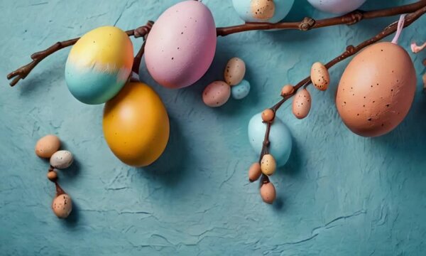 Happy Easter holiday celebration feast holiday traditional spring decoration banner greeting card - Hanging pastel painted easter eggs on a branch, blue wall texture background generative ai