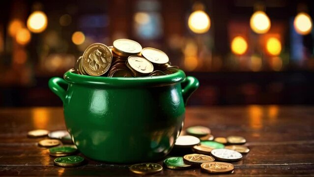Saint Patrick's Day & Leprechaun's pot of gold coins on a wooden table in beer pub bar with background bokeh effect created with generative ai	
