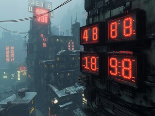 A cityscape with a large clock on a building that reads 4:18 and 98. The image has a futuristic and dystopian feel to it, with the neon lights and the large clock dominating the scene