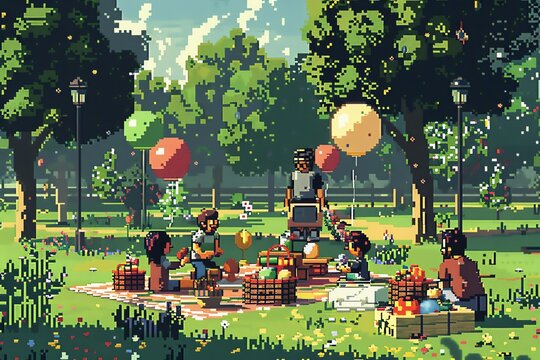 Illustrate a whimsical pixel art scene of a family picnic in a park, with each family member portrayed in a unique, detailed way, surrounded by playful elements like balloons and picnic baskets