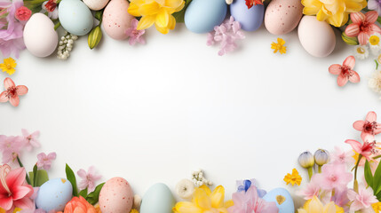 Naklejka na ściany i meble A festive frame adorned with colorful Easter eggs and spring flowers, perfect for Easter celebrations, with a blank center space for text
