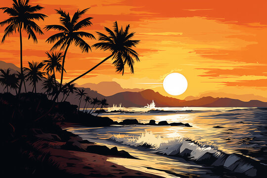 Ink painting of a peaceful beach at sunset, with silhouettes of palm trees and a calm ocean, ideal for backgrounds.