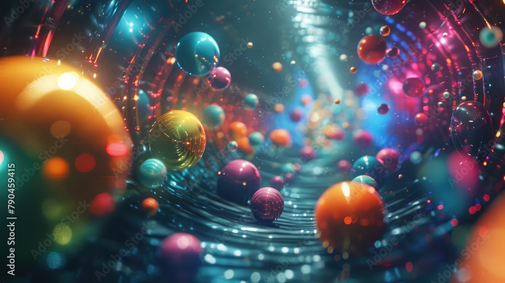Poster design of sci fi background with a technological tunnel tiny colorful spheres moving on the bumpy tu