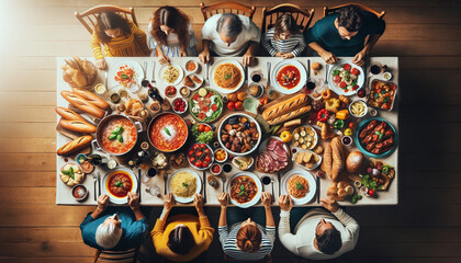A top-down view of an Italian family Sunday lunch scene with a large table filled with spaghetti, lasagna, grilled meats, Caprese salad, and bread