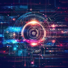 Obraz premium Digital technology blue pink background concept with technology line light effect, abstract technology, future data innovation, orange sky color, big data, line dots connection, vector illustration