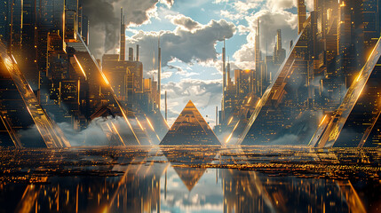a futuristic cityscape with structures reminiscent of illuminated digital pyramids - obrazy, fototapety, plakaty