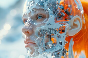 The head of a humanoid robot with brains inside. Future robot buildings. Person of technological progress. A futuristic society governed by artificial intelligence. - obrazy, fototapety, plakaty