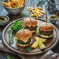 Top view, A platter of gourmet sliders, with mini beef burgers topped with cheese, caramelized onions, and pickles, served on toasted brioche buns with a side of crispy fries.