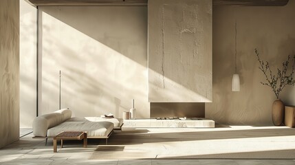 Sun kissed minimalist living room basking in serene simplicity