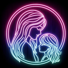 Neon silhouette of a mother and girl